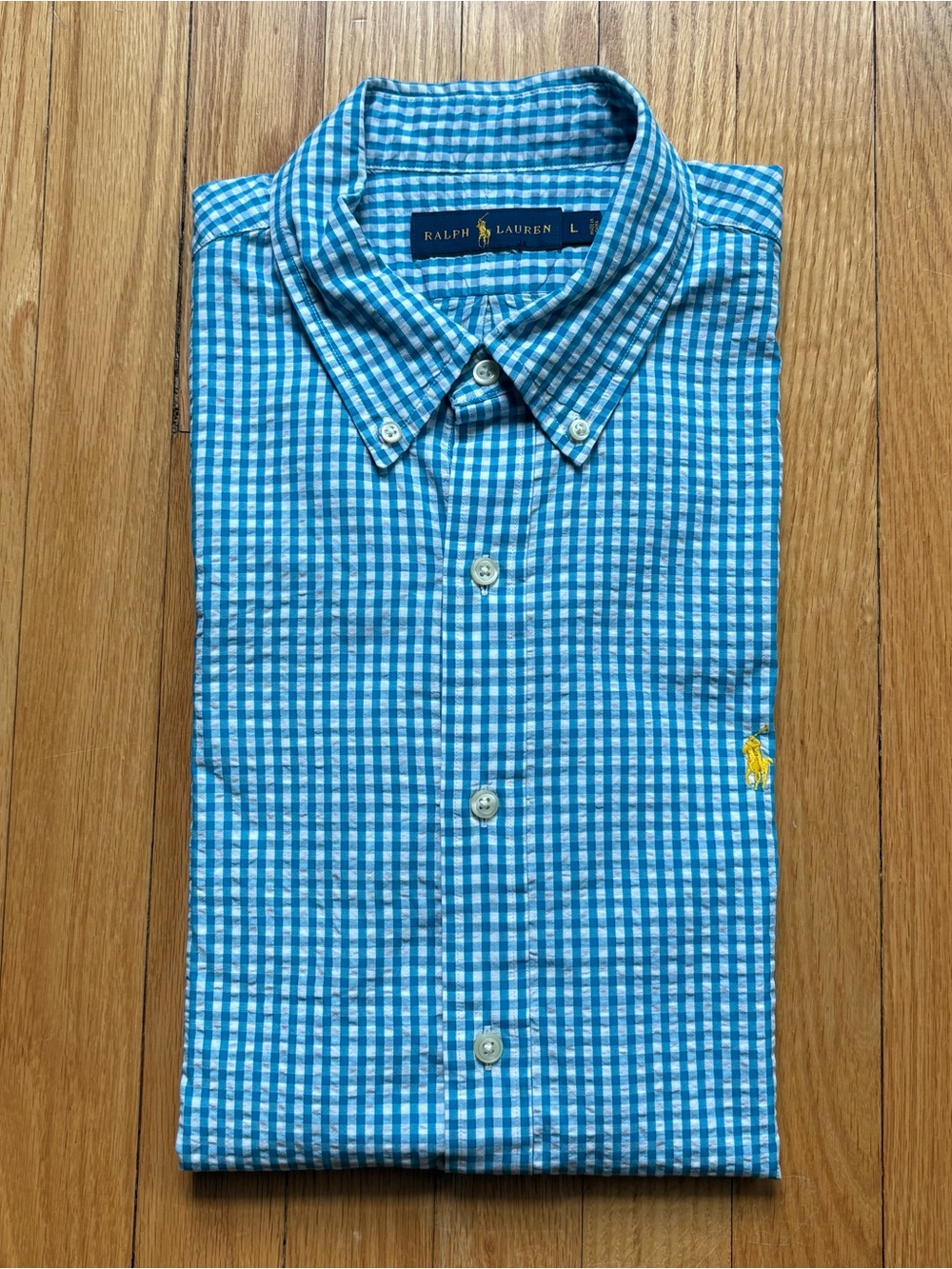 Polo Ralph Lauren Mens Short Sleeve Seersucker Shirt Large Blue White Checks
